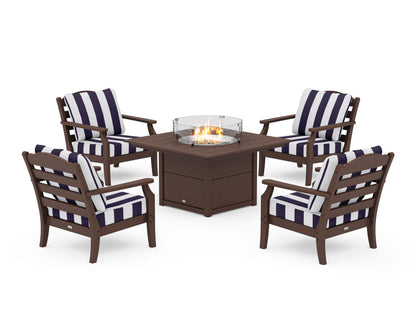 Draper James™ by  POLYWOOD® Savannah 5-Piece Deep Seating Set with Fire Pit Table in Mahogany / Cabana Stripe Navy