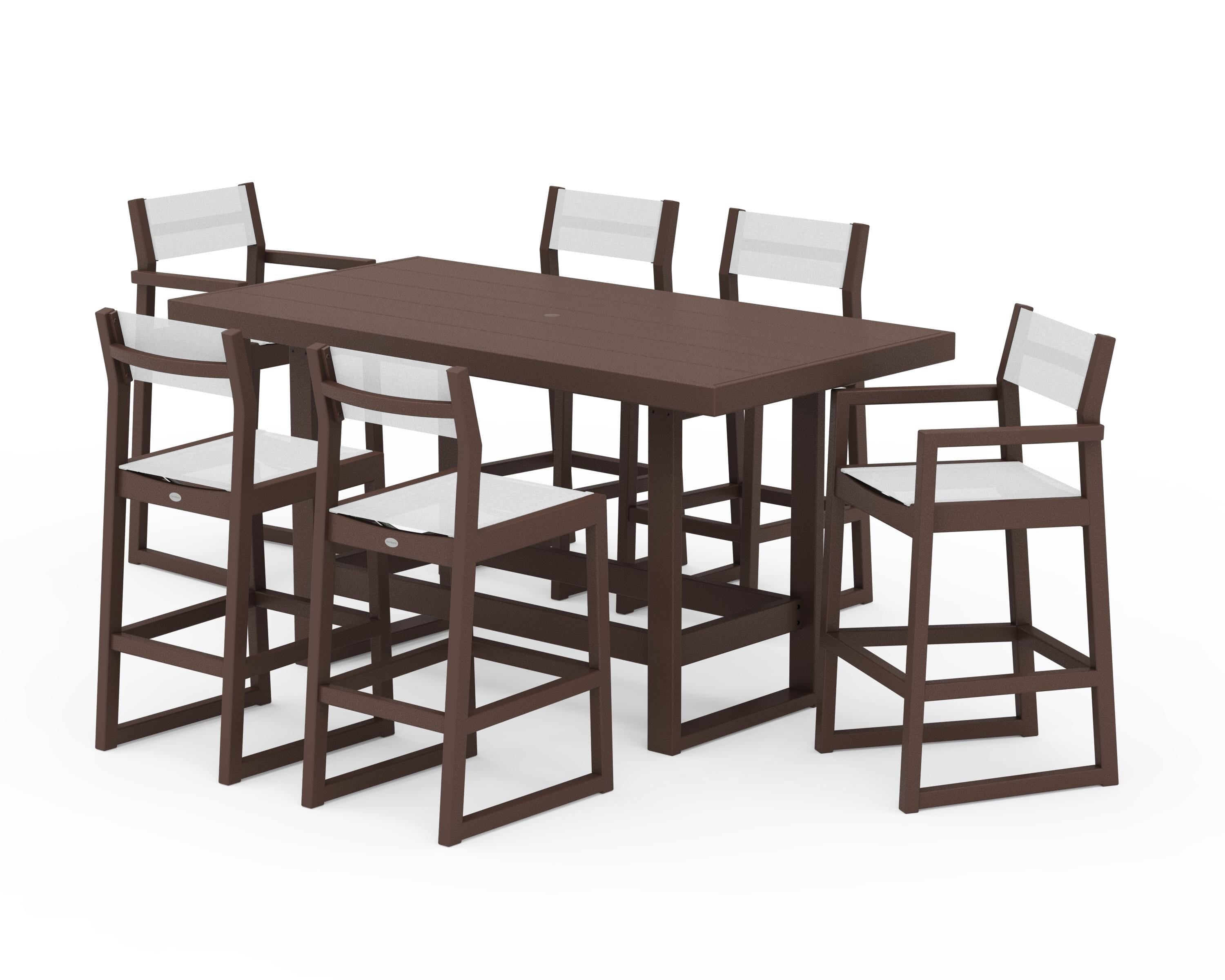 POLYWOOD® EDGE Sling 7-Piece Bar Table Set in Mahogany / White Sling
