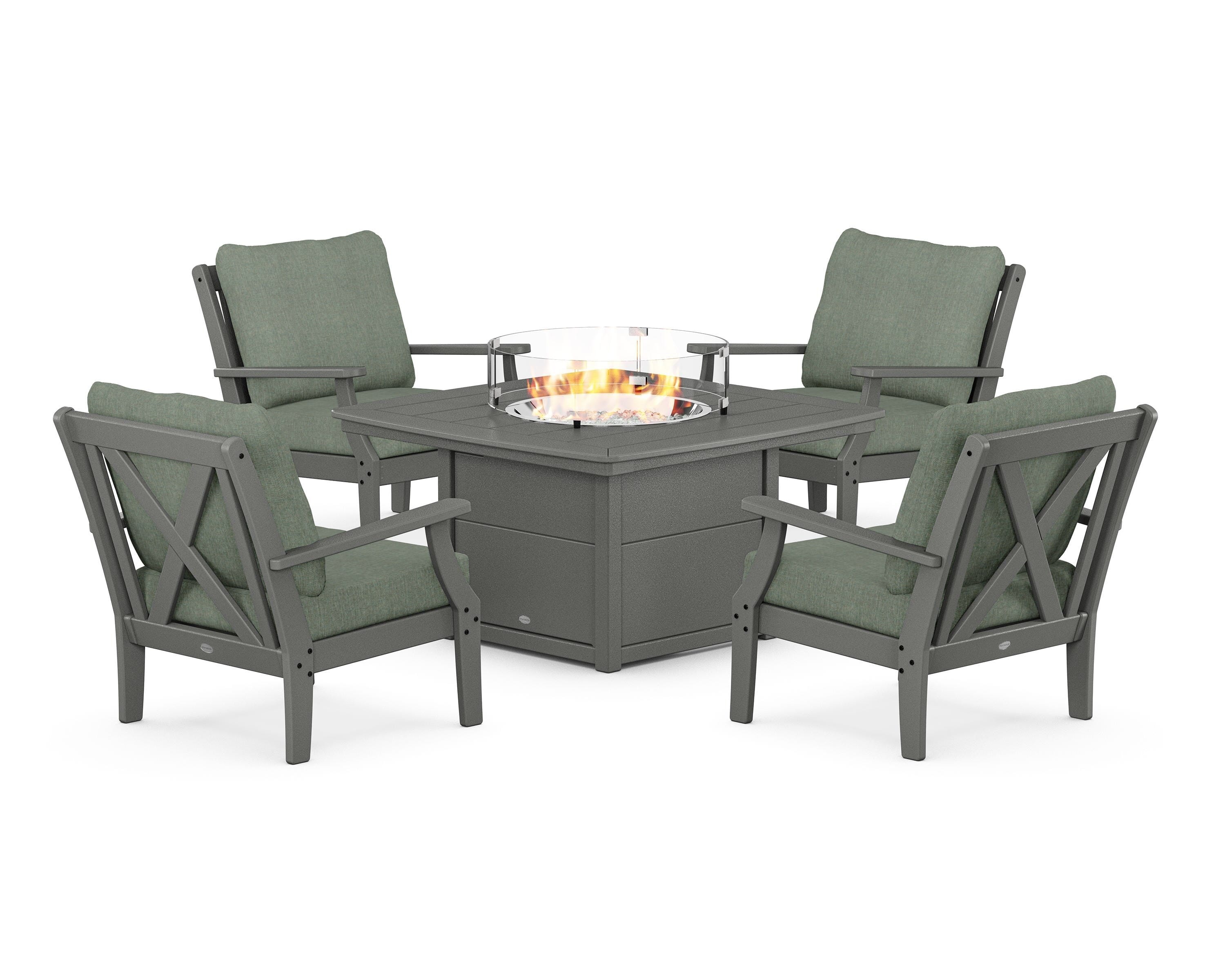 POLYWOOD® Braxton 5-Piece Deep Seating Conversation Set with Fire Pit Table in Slate Grey / Cast Sage