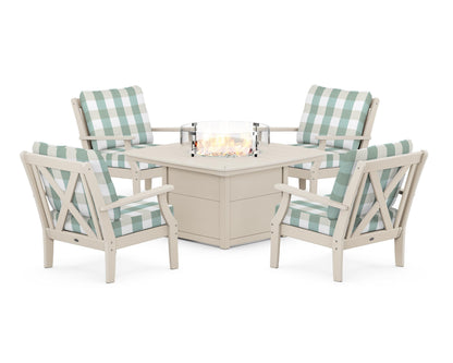POLYWOOD® Braxton 5-Piece Deep Seating Conversation Set with Fire Pit Table in Sand / Buffalo Plaid Glacier Spa