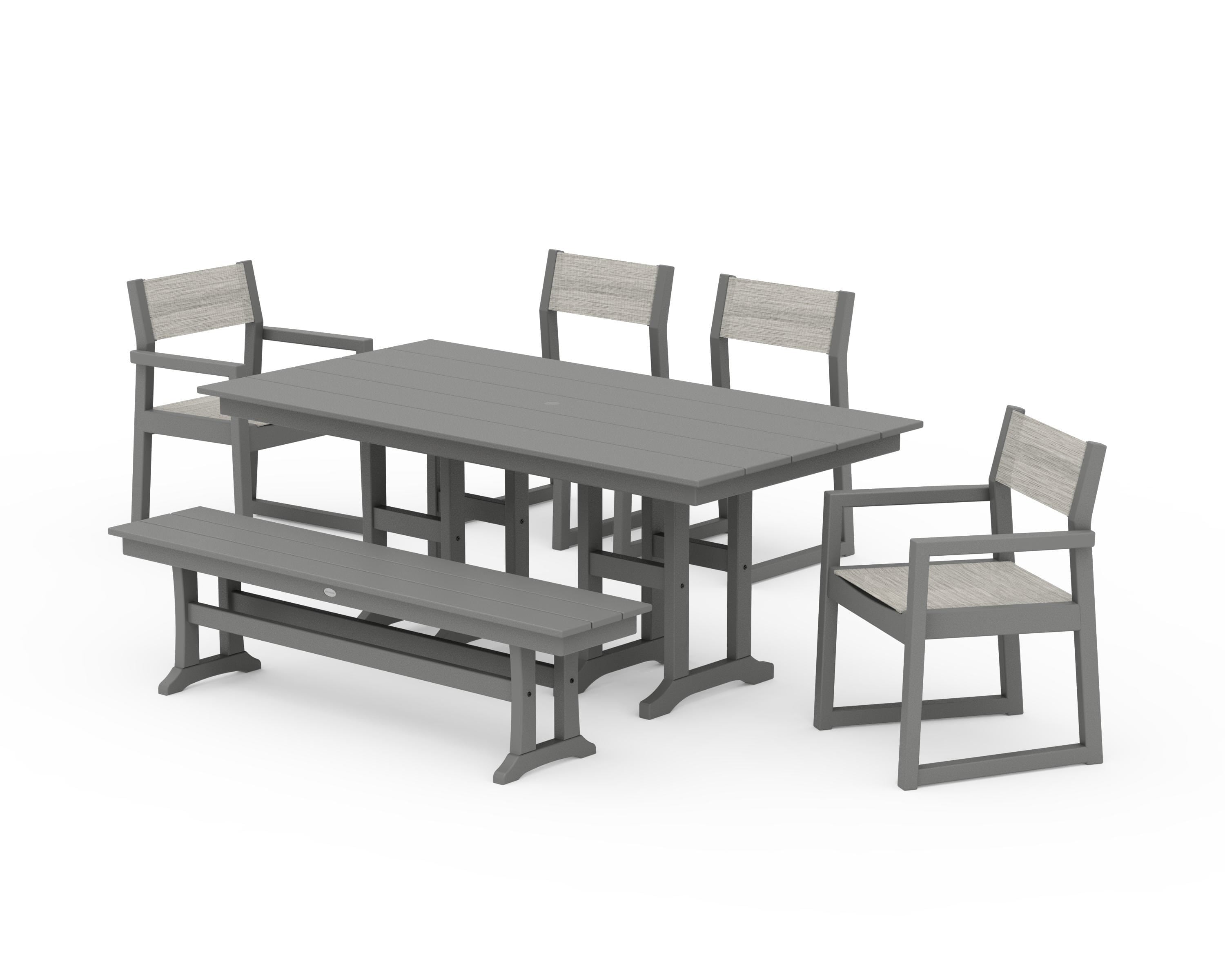 POLYWOOD® EDGE Sling 6-Piece Farmhouse Dining Set in Slate Grey / Birch Sling