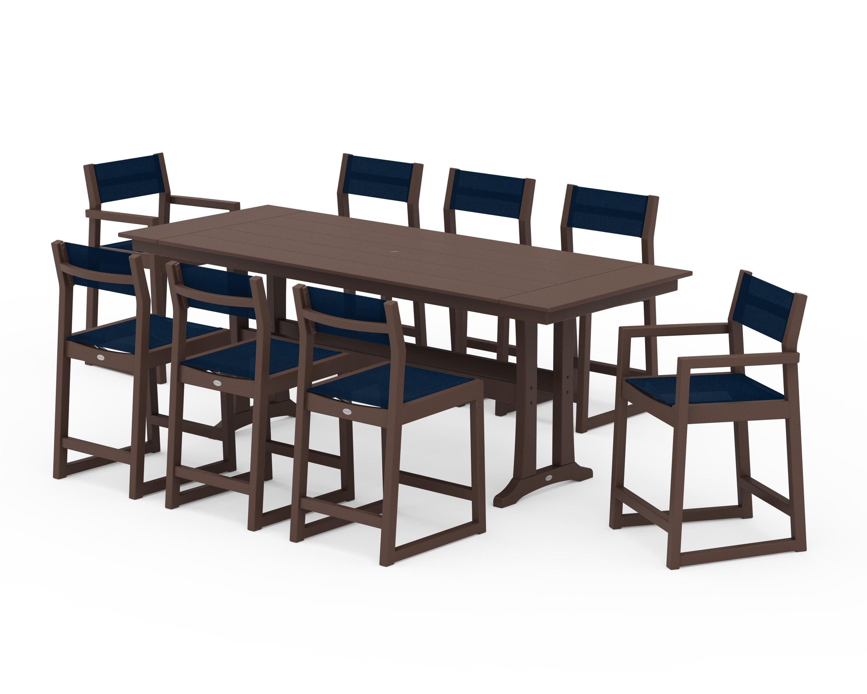 POLYWOOD® EDGE Sling 9-Piece Farmhouse Counter Set with Trestle Legs in Mahogany / Navy Blue Sling