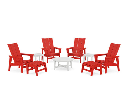 POLYWOOD® Modern Grand Upright Adirondack 9-Piece Conversation Set in Sunset Red / White