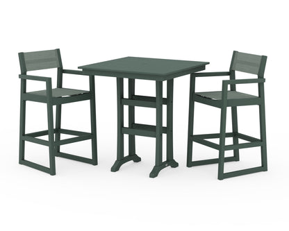POLYWOOD® EDGE Sling Arm Chair 3-Piece Farmhouse Bar Set with Trestle Legs in Green / Dupioni Sea Mist Sling