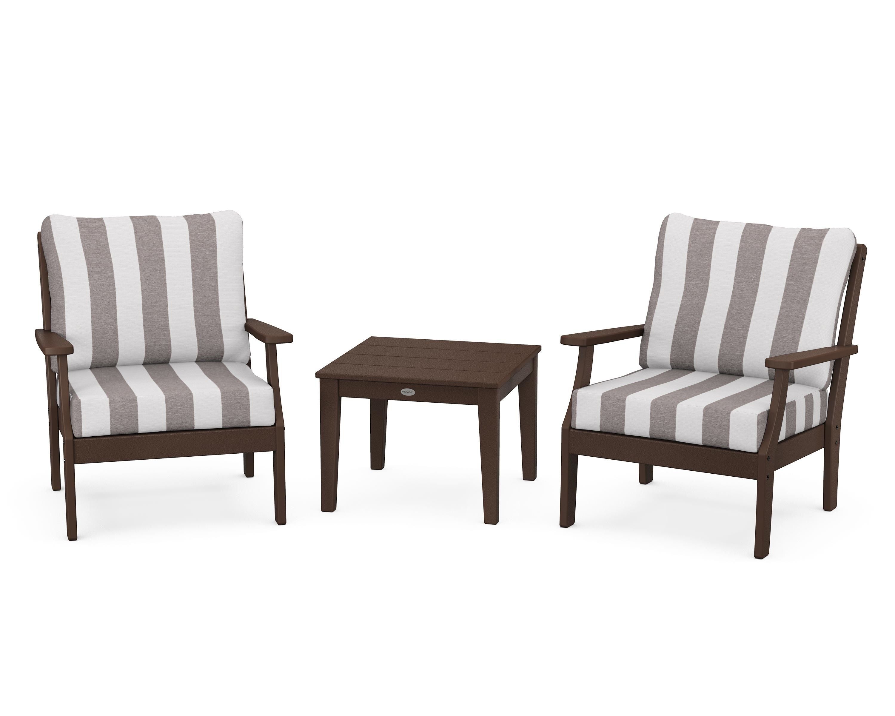 POLYWOOD® Braxton 3-Piece Deep Seating Set in Mahogany / Cabana Stripe Grey Mist