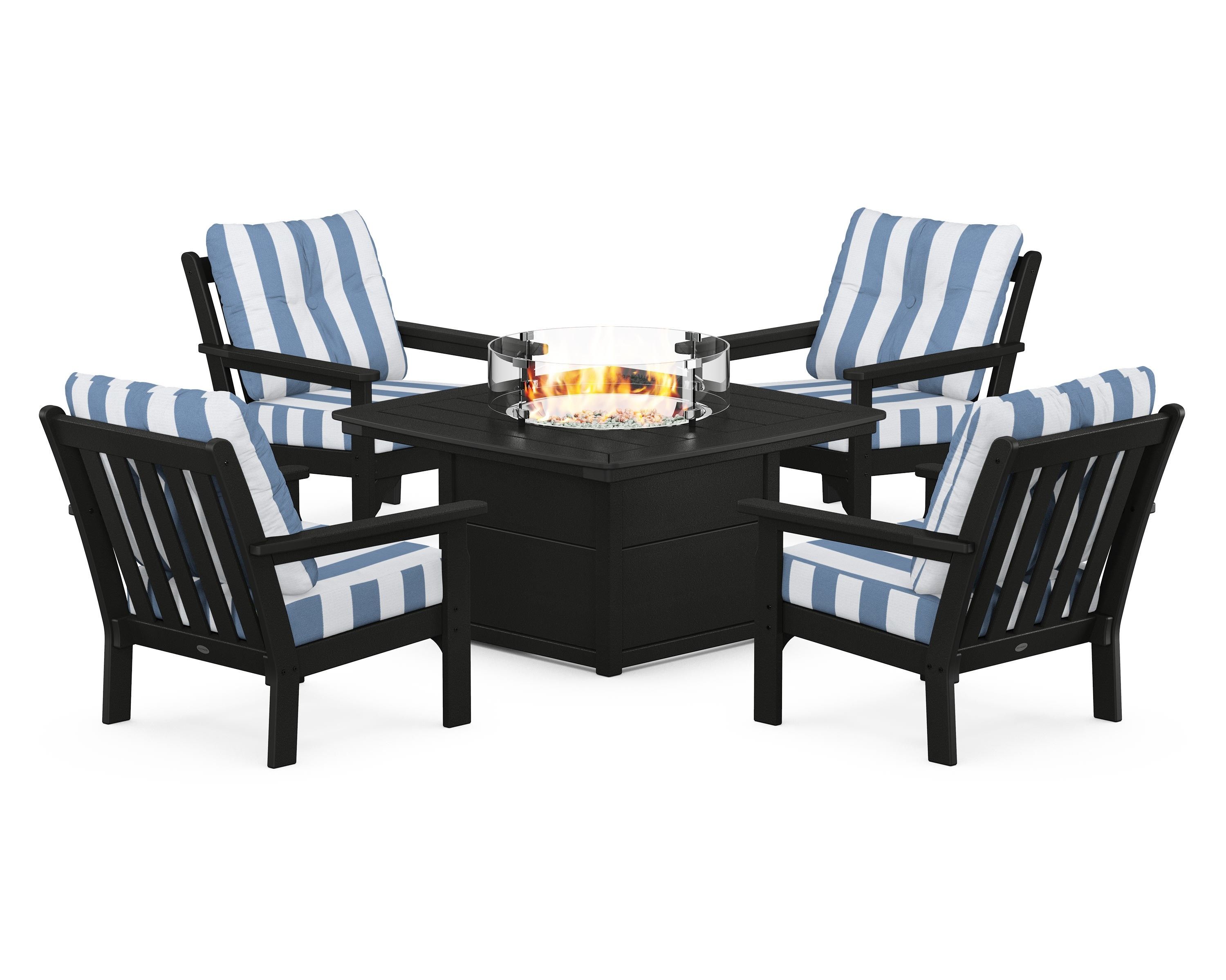 POLYWOOD® Vineyard 5-Piece Conversation Set with Fire Pit Table in Black / Cabana Stripe Sky Blue