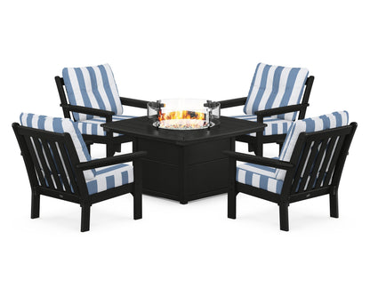 POLYWOOD® Vineyard 5-Piece Conversation Set with Fire Pit Table in Black / Cabana Stripe Sky Blue