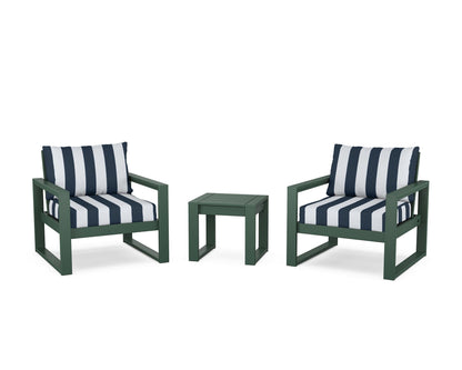 POLYWOOD® EDGE Sectional 3-Piece Deep Seating Set in Green / Cabana Stripe Marine Indigo