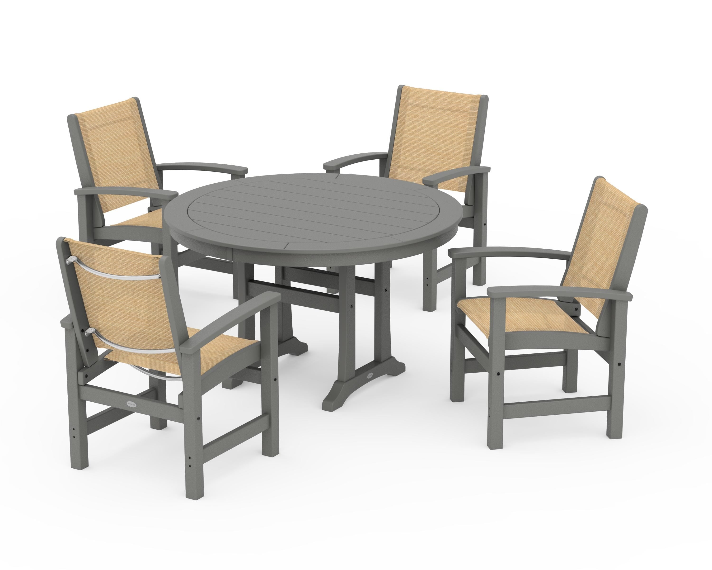 POLYWOOD® Coastal 5-Piece Round Dining Set with Trestle Legs in Slate Grey / Dupioni Apricot Sling