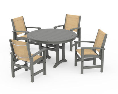 POLYWOOD® Coastal 5-Piece Round Dining Set with Trestle Legs in Slate Grey / Dupioni Apricot Sling