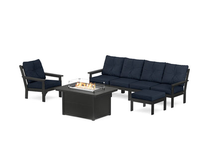 POLYWOOD® Vineyard Sectional Lounge and Fire Pit Set in Black / Marine Indigo