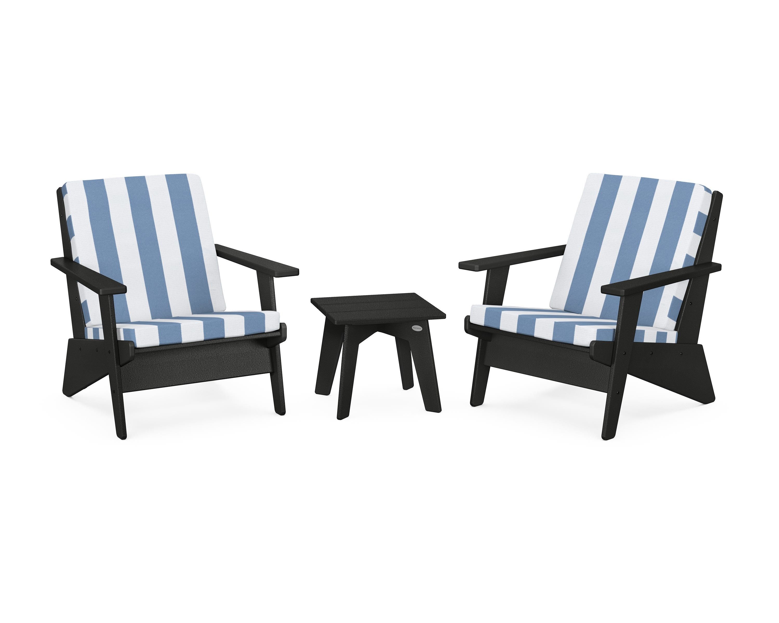 POLYWOOD® Riviera Modern Lounge 3-Piece Set in Black / Cabana Stripe Sky Blue