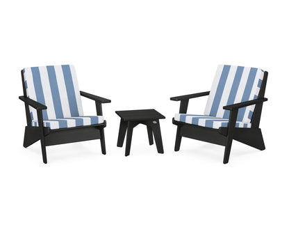 POLYWOOD® Riviera Modern Lounge 3-Piece Set in Black / Cabana Stripe Sky Blue