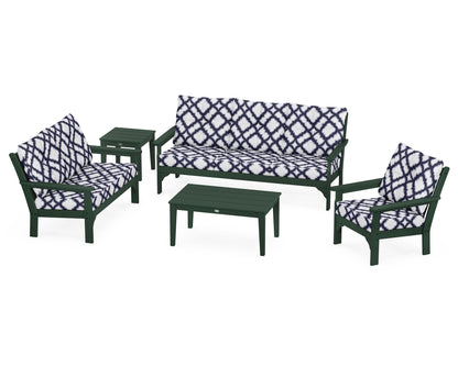 POLYWOOD® Vineyard 5 Piece Deep Seating Set in Green / Trellis Navy