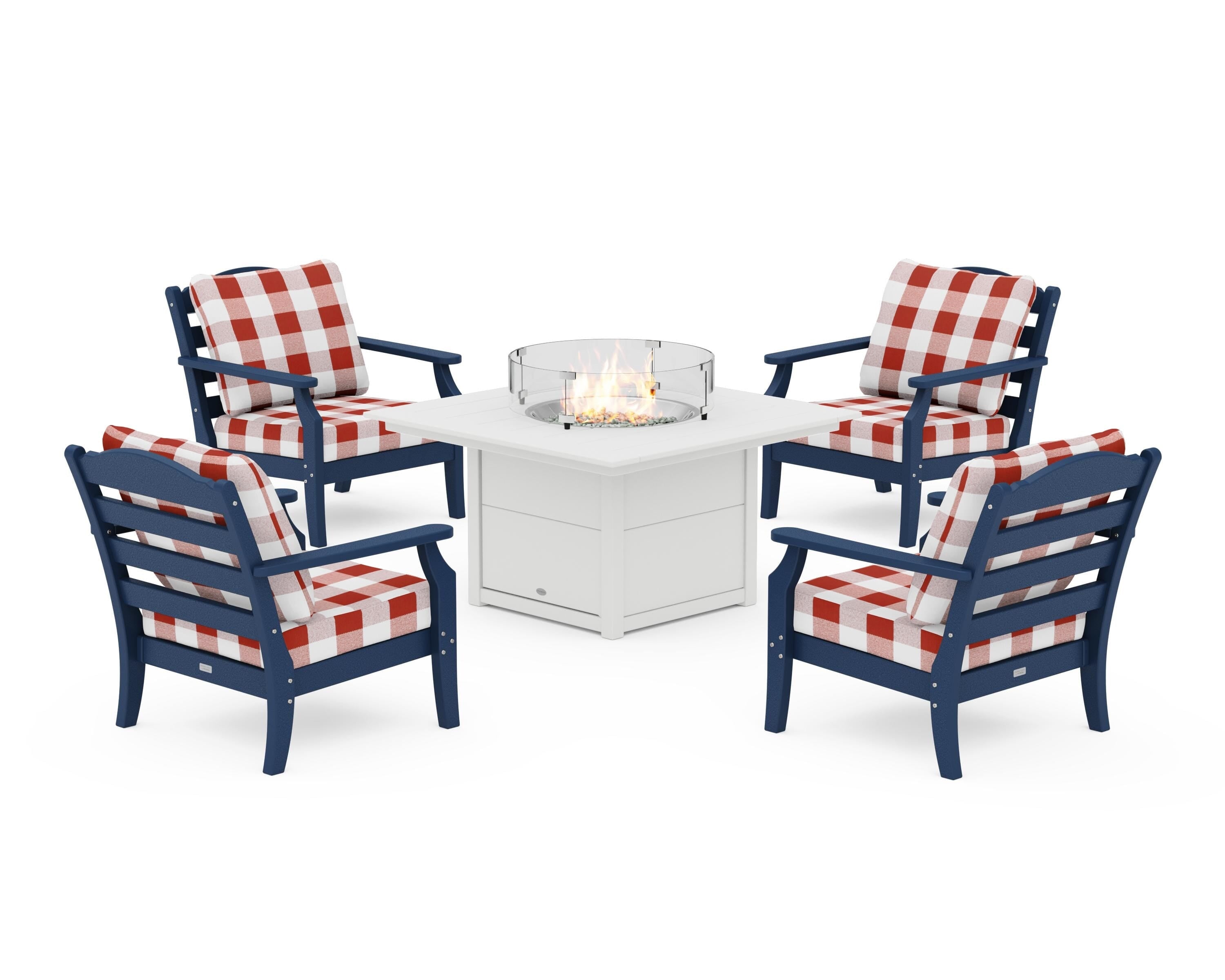 Draper James™ by  POLYWOOD® Savannah 5-Piece Deep Seating Set with Fire Pit Table in Navy / Buffalo Plaid Crimson