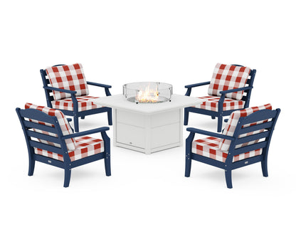 Draper James™ by  POLYWOOD® Savannah 5-Piece Deep Seating Set with Fire Pit Table in Navy / Buffalo Plaid Crimson
