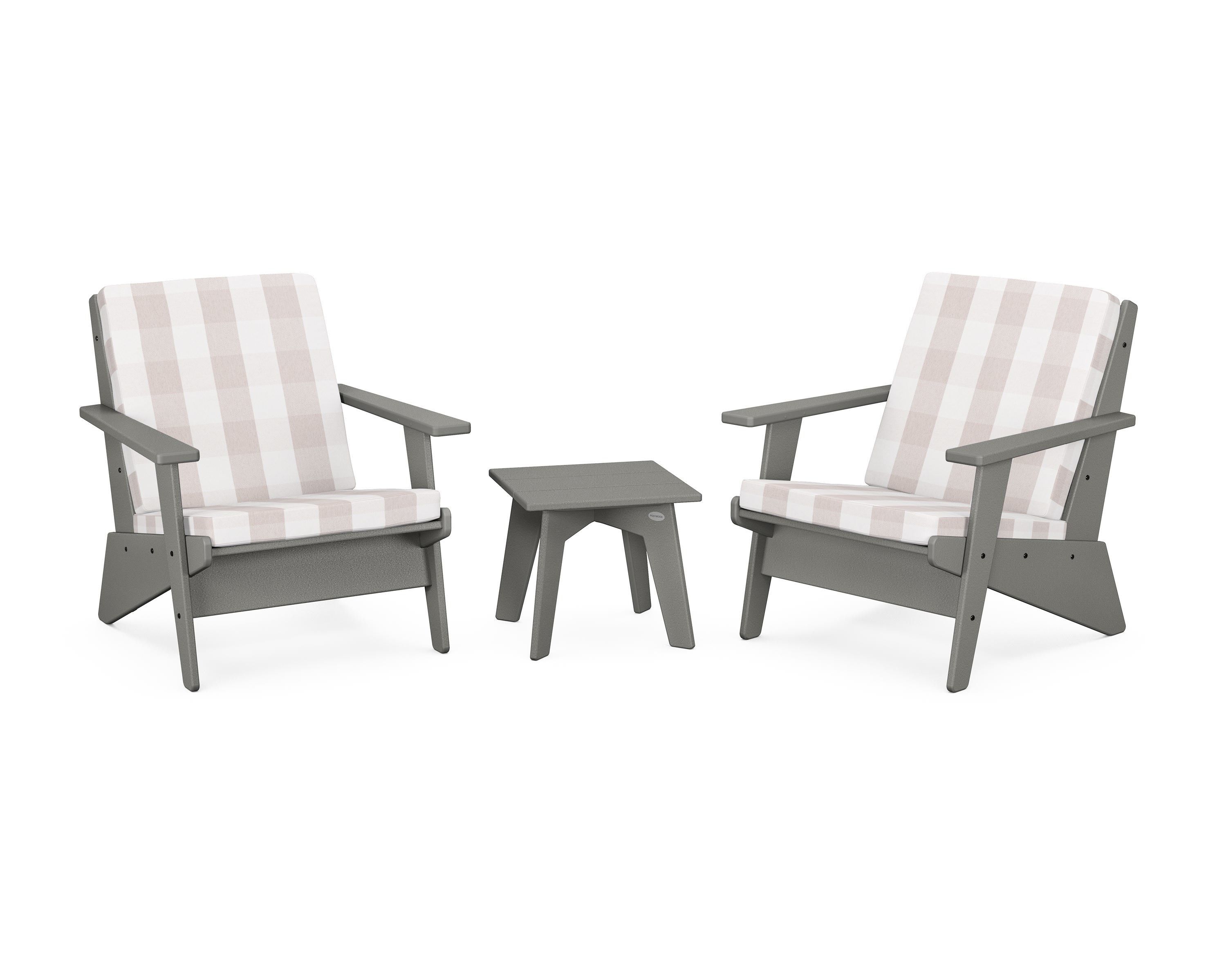 POLYWOOD® Riviera Modern Lounge 3-Piece Set in Slate Grey / Buffalo Plaid Dune Burlap