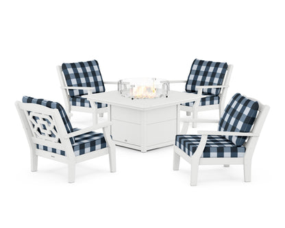 Martha Stewart by POLYWOOD® Chinoiserie 5-Piece Deep Seating Set with Fire Pit Table in White / Buffalo Plaid Marine Indigo