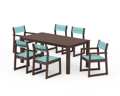 POLYWOOD® EDGE Sling 7-Piece Parsons Dining Set in Mahogany / Dupioni Aquamarine Sling