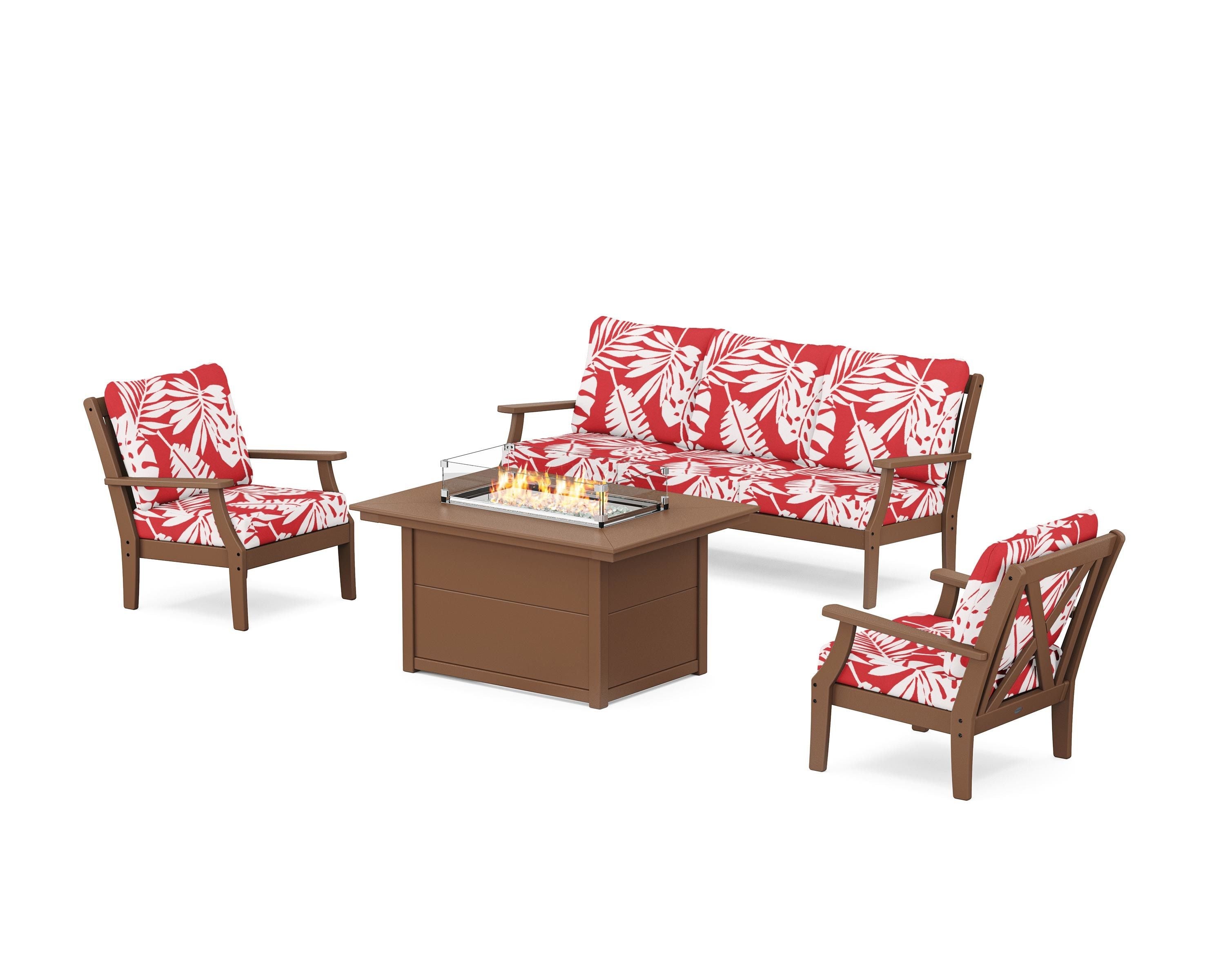 POLYWOOD® Braxton Deep Seating Fire Pit Table Set in Teak / Leaf Crimson