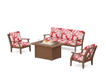 POLYWOOD® Braxton Deep Seating Fire Pit Table Set in Teak / Leaf Crimson