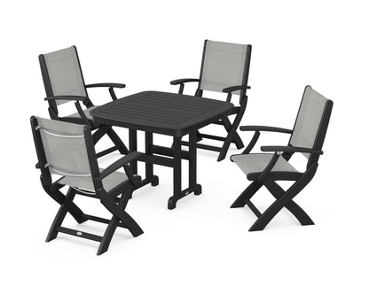 POLYWOOD® Coastal Folding Chair 5-Piece Dining Set in Black / Metallic Sling