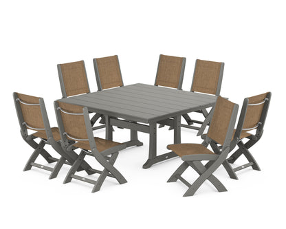 POLYWOOD® Coastal Folding Side Chair 9-Piece Farmhouse Dining Set in Slate Grey / Burlap Sling