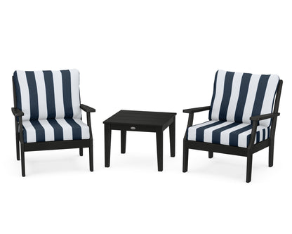 POLYWOOD® Braxton 3-Piece Deep Seating Set in Black / Cabana Stripe Marine Indigo