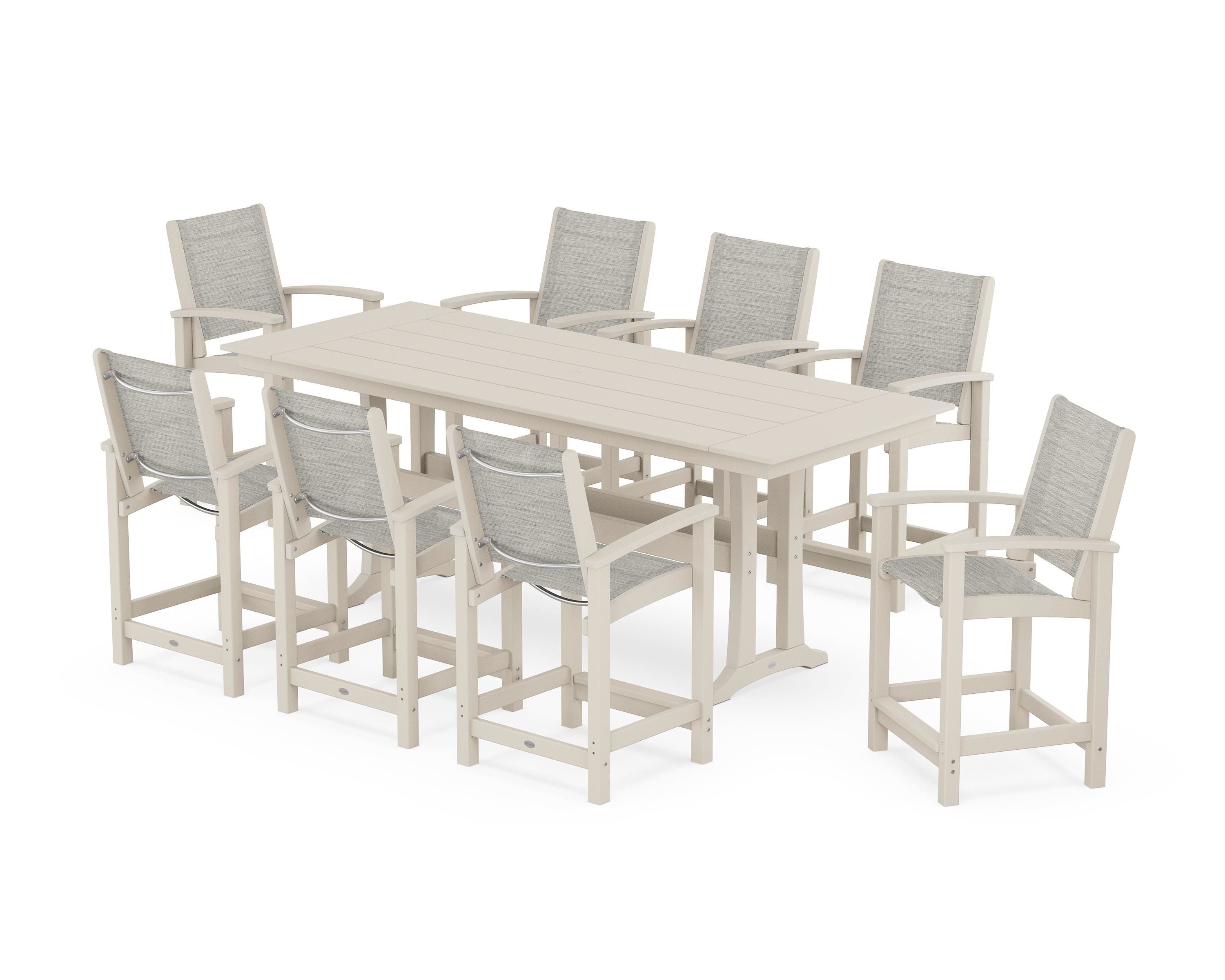 POLYWOOD® Coastal 9-Piece Farmhouse Counter Set with Trestle Legs in Sand / Birch Sling