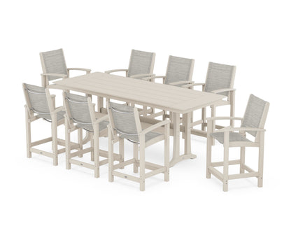 POLYWOOD® Coastal 9-Piece Farmhouse Counter Set with Trestle Legs in Sand / Birch Sling