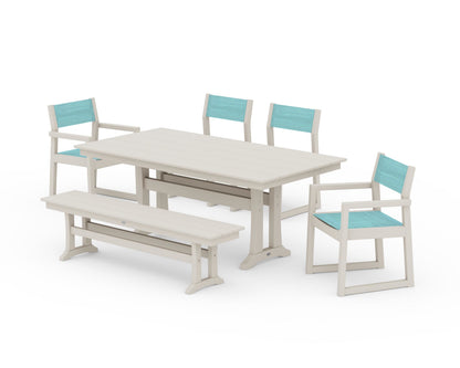 POLYWOOD® EDGE Sling 6-Piece Farmhouse Dining Set With Trestle Legs in Sand / Dupioni Aquamarine Sling