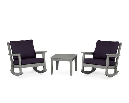 POLYWOOD® Chippendale 3-Piece Deep Seating Rocker Set in Slate Grey / Navy Linen