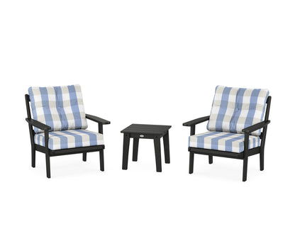 POLYWOOD® Prairie 3-Piece Deep Seating Set in Black / Buffalo Plaid Sky Blue