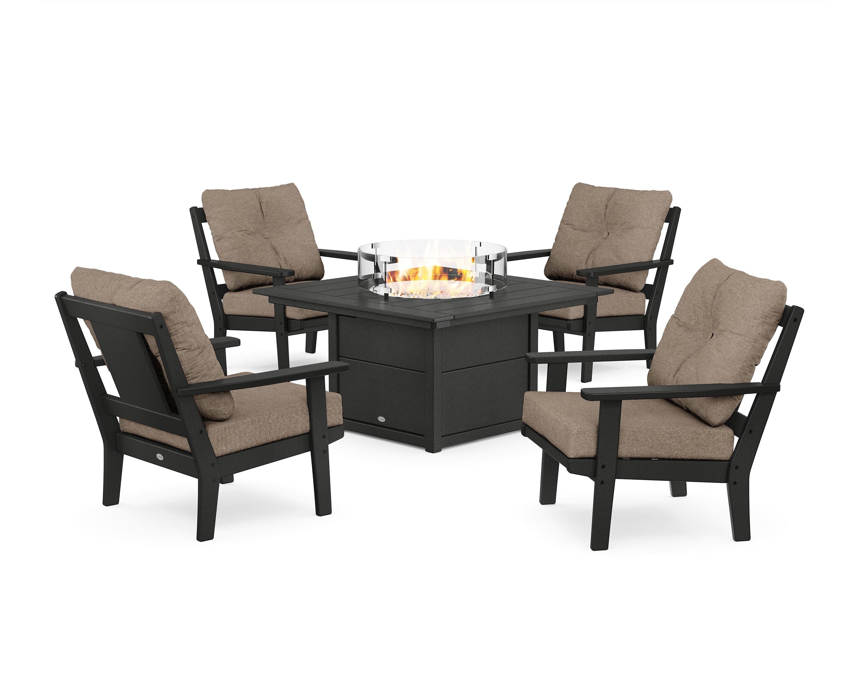 POLYWOOD® Prairie 5-Piece Deep Seating Set with Fire Pit Table in Black / Spiced Burlap