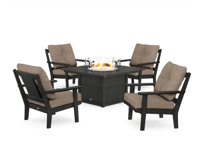 POLYWOOD® Prairie 5-Piece Deep Seating Set with Fire Pit Table in Black / Spiced Burlap