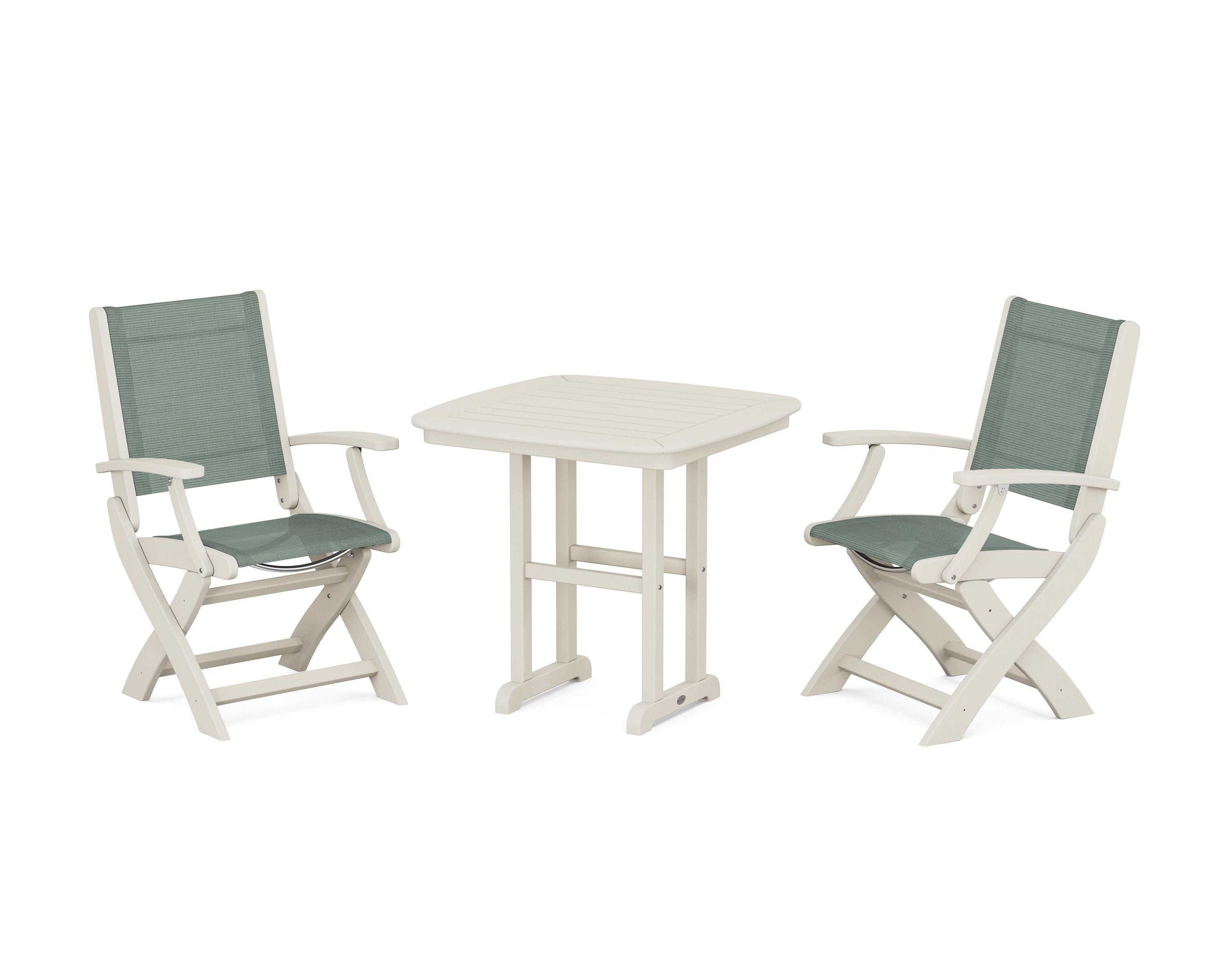 POLYWOOD® Coastal Folding Chair 3-Piece Dining Set in Sand / Dupioni Sea Mist Sling
