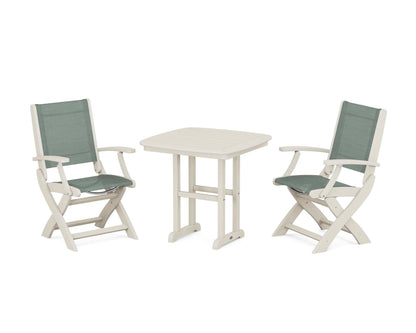 POLYWOOD® Coastal Folding Chair 3-Piece Dining Set in Sand / Dupioni Sea Mist Sling