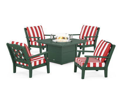 Martha Stewart by POLYWOOD® Chinoiserie 5-Piece Deep Seating Set with Fire Pit Table in Green / Cabana Stripe Crimson