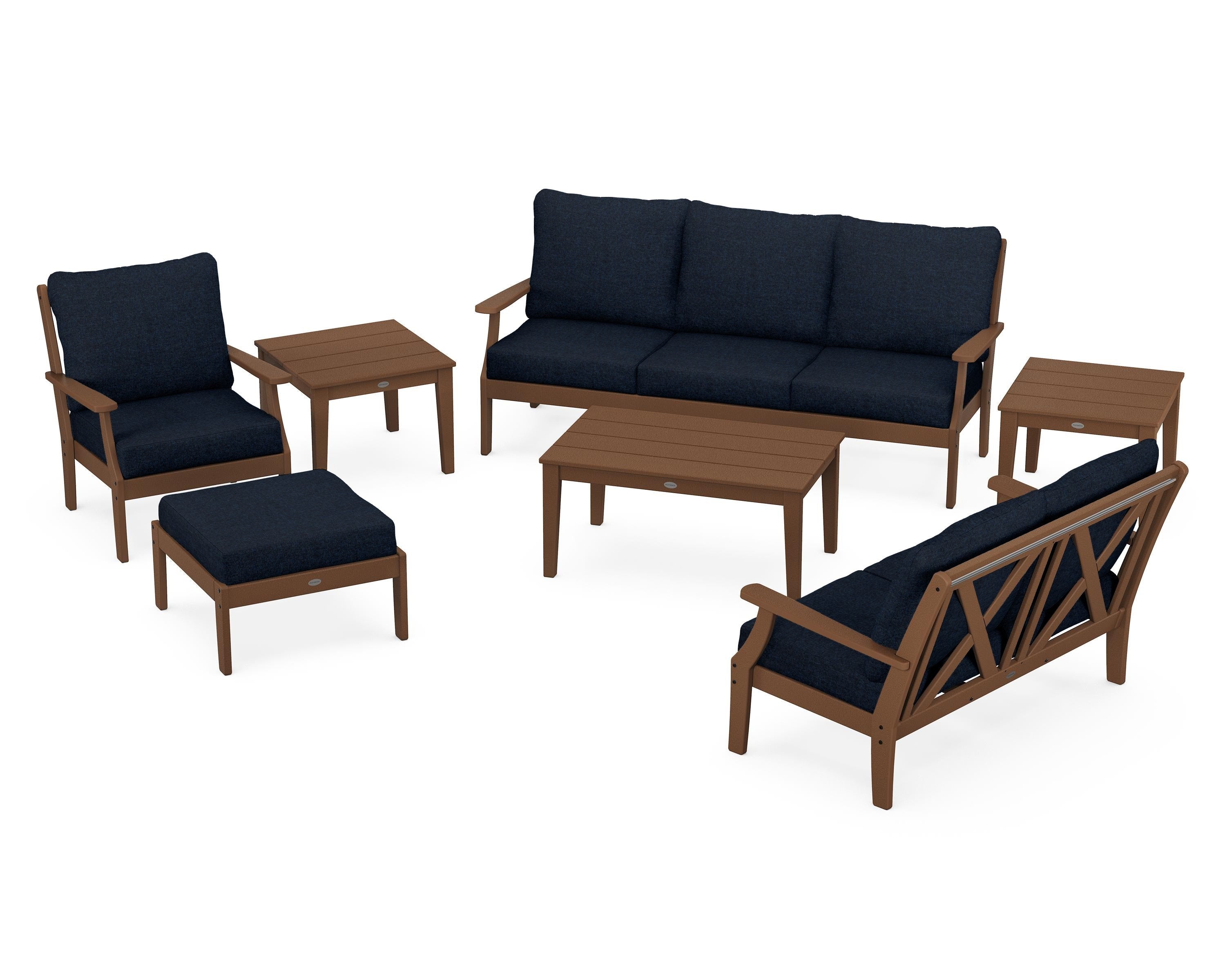POLYWOOD® Braxton 7-Piece Deep Seating Set in Teak / Marine Indigo