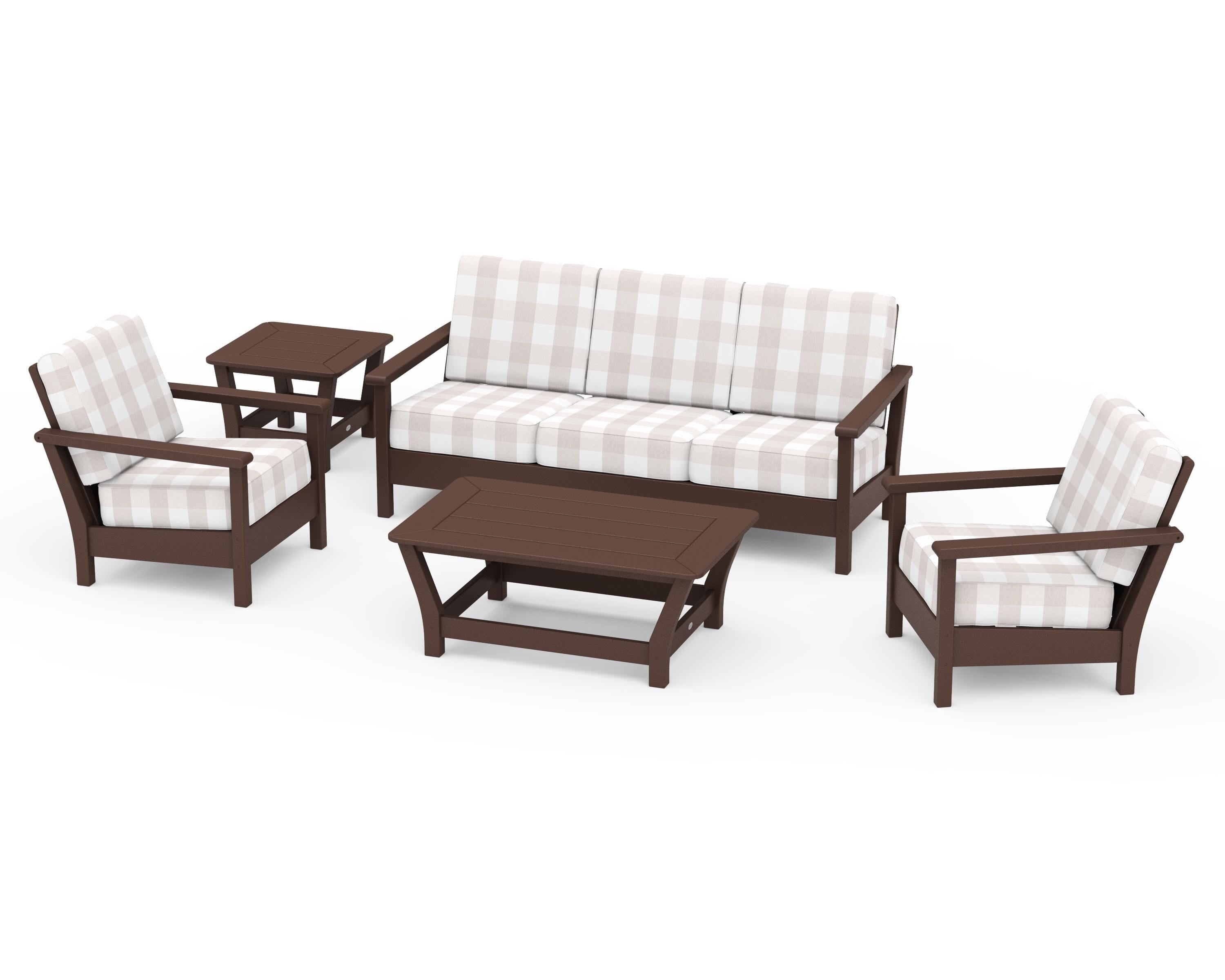 POLYWOOD® Harbour 5-Piece Deep Seating Set in Mahogany / Buffalo Plaid Dune Burlap
