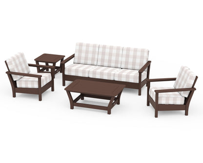 POLYWOOD® Harbour 5-Piece Deep Seating Set in Mahogany / Buffalo Plaid Dune Burlap