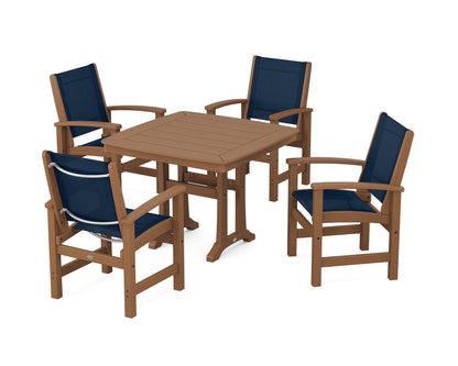 POLYWOOD® Coastal 5-Piece Dining Set with Trestle Legs in Teak / Navy Blue Sling