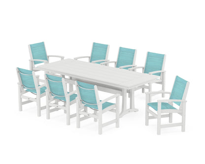 POLYWOOD® Coastal 9-Piece Farmhouse Dining Set with Trestle Legs in White / Dupioni Aquamarine Sling