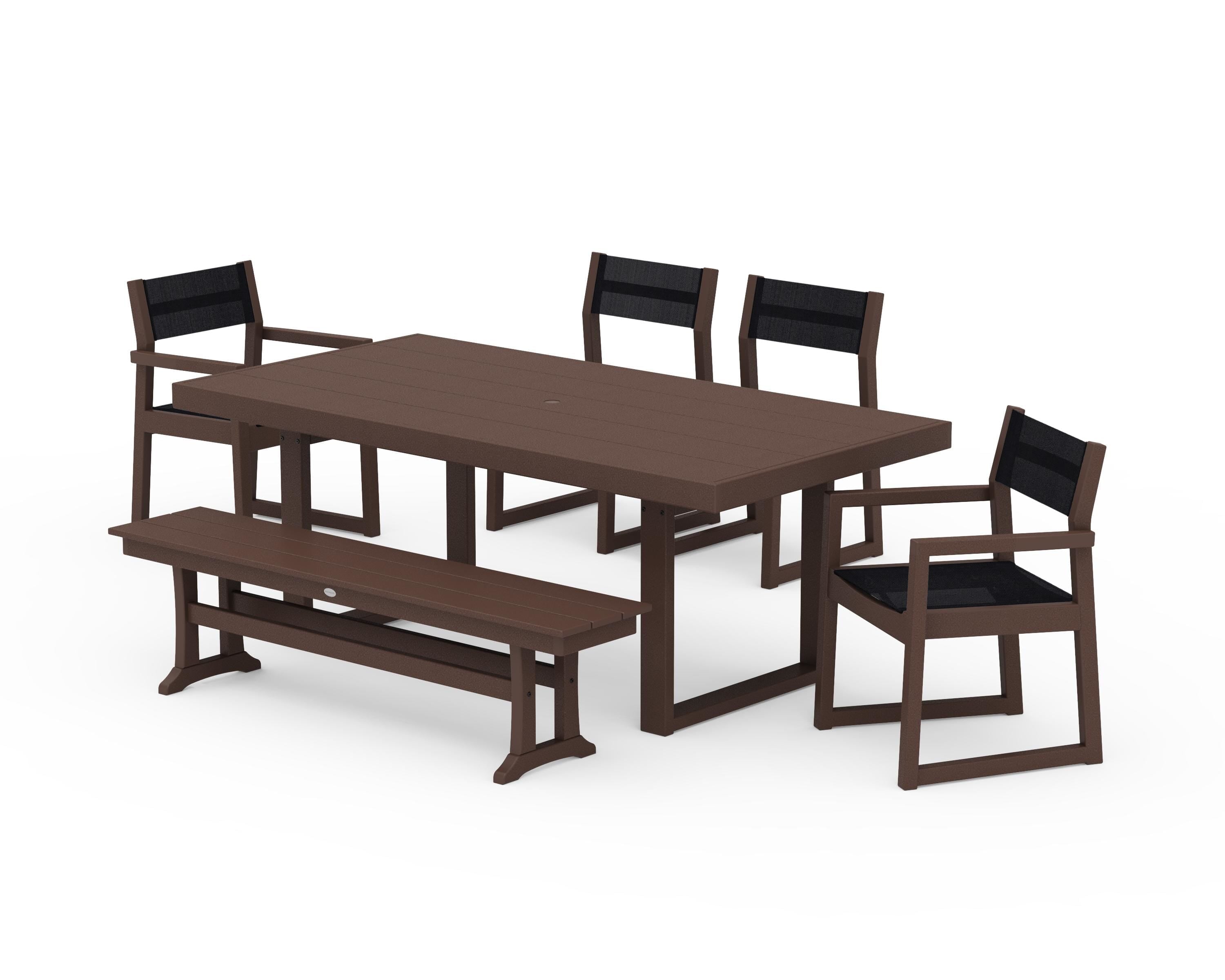 POLYWOOD® EDGE Sling 6-Piece Dining Set with Bench in Mahogany / Black Sling