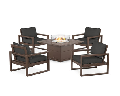 POLYWOOD® EDGE Sectional 5-Piece Deep Seating Set with Fire Pit Table in Mahogany / Spectrum Carbon