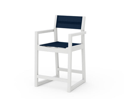 POLYWOOD® EDGE Sling Counter Arm Chair in White / Navy Blue Sling