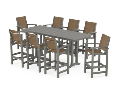 POLYWOOD® Coastal 9-Piece Farmhouse Bar Set with Trestle Legs in Slate Grey / Burlap Sling
