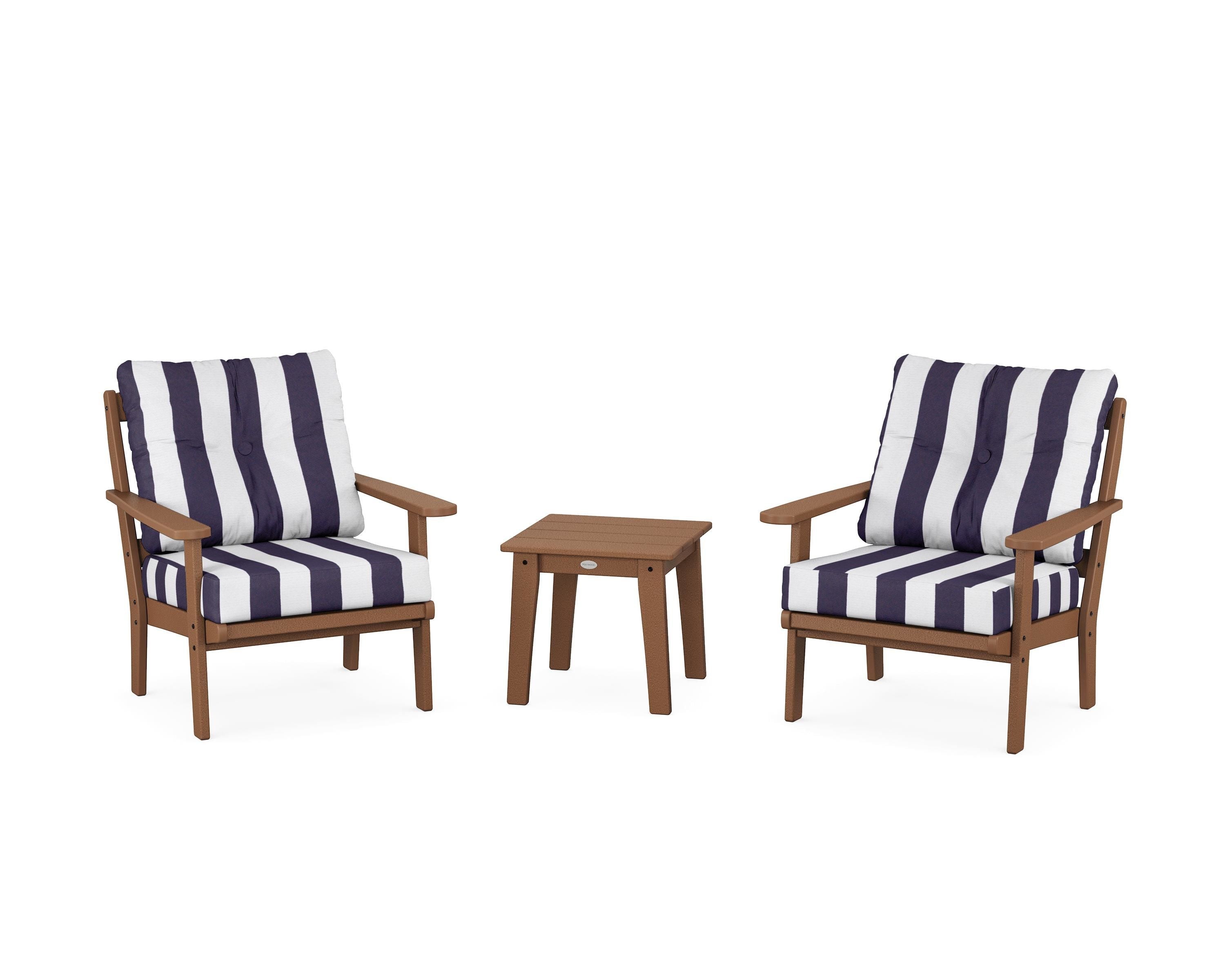 POLYWOOD® Mission 3-Piece Deep Seating Set in Teak / Cabana Stripe Navy