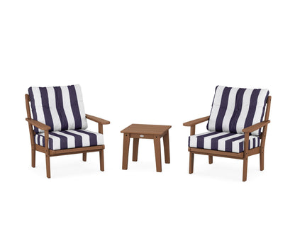 POLYWOOD® Mission 3-Piece Deep Seating Set in Teak / Cabana Stripe Navy