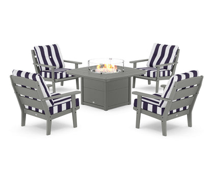 POLYWOOD® Lakeside 5-Piece Deep Seating Set with Nautical Fire Pit Table in Slate Grey / Cabana Stripe Navy